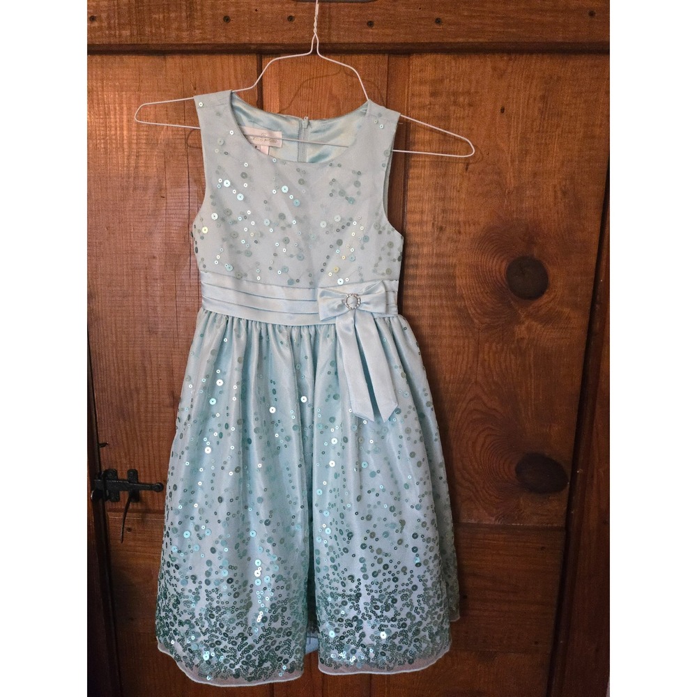 AMERICAN PRINCESS Girls Aqua Blue Sequin Bow Formal Party Dress Size 8